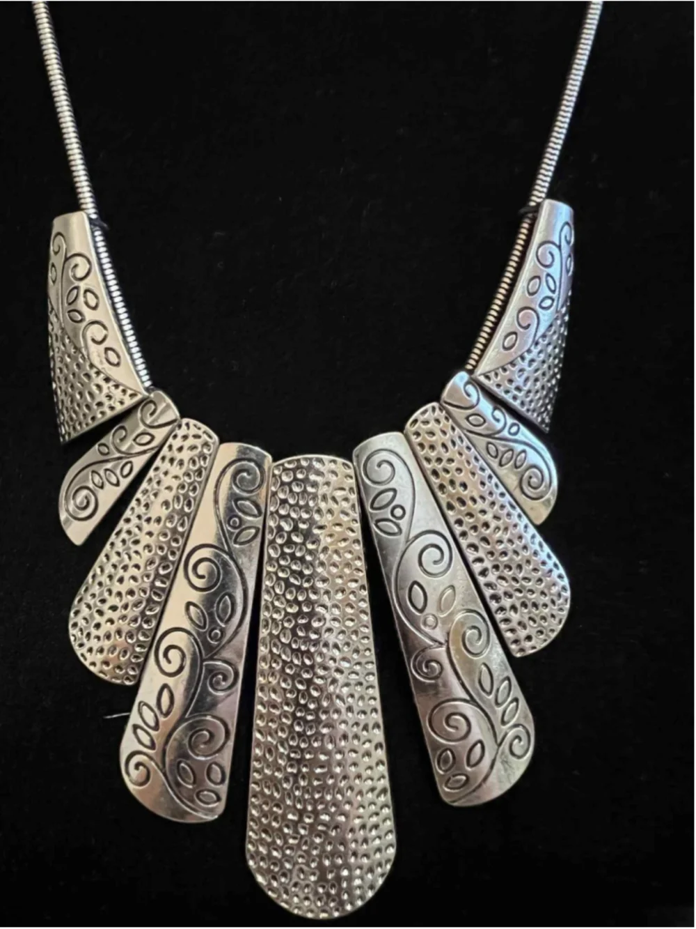 Silver Tone Statement Bib Necklace Etched Metal Panels Boho Tribal Festival